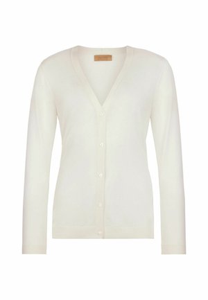 Kremfarvet cardigan med V-hals, lange ærmer og seks knapper foran, lavet af fin strikstof.