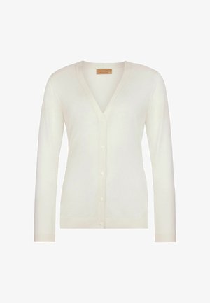 Kremfarvet cardigan med V-hals, lange ærmer og seks knapper foran, lavet af fin strikstof.
