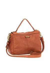 Borsa a tracolla in pelle marrone con manico corto e tracolla lunga staccabile, con hardware dorato e una piccola placca rettangolare del marchio sul davanti.