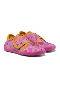 Pink fabric shoes with yellow accents, featuring a playful pattern of pink shapes and eyes. Dual Velcro straps for secure fit.