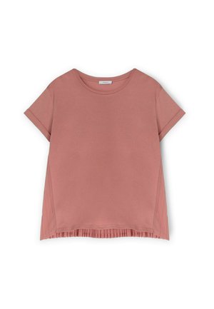 Tricou cu mânecă scurtă, gât rotund, în nuanță de trandafir prăfuit, cu accente plisate pe laterale și croială lejeră. Fabricat dintr-un material moale și ușor.
