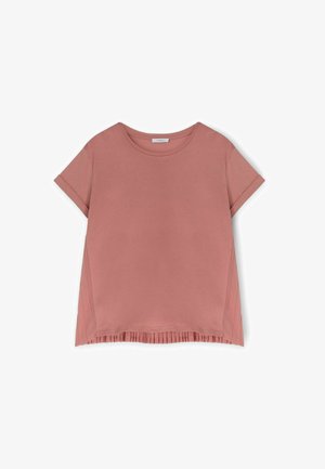 Tricou cu mânecă scurtă, gât rotund, în nuanță de trandafir prăfuit, cu accente plisate pe laterale și croială lejeră. Fabricat dintr-un material moale și ușor.