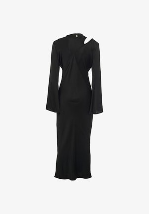 Abito midi nero a maniche lunghe con scollatura asimmetrica e dettagli delle cuciture diagonali, esposto su uno sfondo bianco.