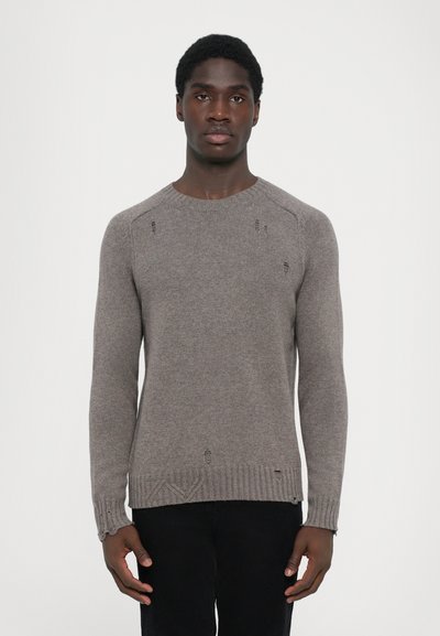 Gray knit sweater with a round neckline, ribbed hem, and subtle distressed details. Constructed from a soft, textured fabric.