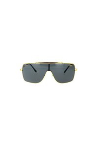 Occhiali da sole in metallo dorato con una montatura rettangolare elegante, lenti grigie e un design con barra superiore che presenta inserti trasparenti sulle tempie.