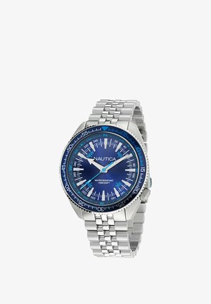 Stålur med blå urskive, hvide timemarkører og en blå bezel. Uret har et ledet armbånd og er vandtæt op til 100 meter.