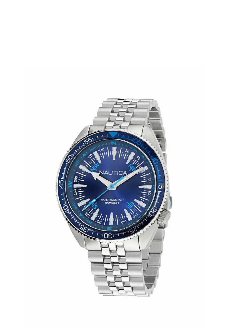Nerezová oceľová hodinky s modrým ciferníkom, bielymi hodinovými značkami a modrým lunetou. Obsahuje prepojený náramok a vodotesnosť až do 100 metrov.
