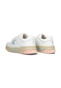 Pair of white sneakers with beige soles, pink accents, and light blue logo, shown from a rear angled view on a white background.