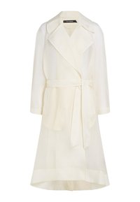Trench-coat ivoire clair en tissu transparent, doté d'un col, de manches longues, d'une ceinture à la taille et de deux poches avant.