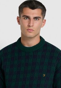 Donkergroene en marineblauwe gebreide sweater met een getextureerd verticaal patroon, geribbelde kraag en een klein gouden 'F' logo op de borst.