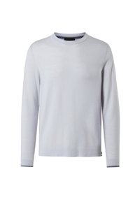 Hellgrauer langärmeliger Rundhalspullover mit gerader Säume und subtilen gerippten Bündchen und Kragen.