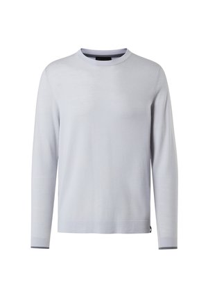 Maglione a maniche lunghe grigio chiaro con scollo rotondo, orlo dritto e dettagli in sottile costina sui polsini e sul collo.