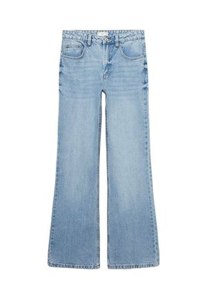 Jasnoniebieskie rozszerzane dżinsy z denimu, posiadające pięć kieszeni, zapięcie na guziki z przodu oraz subtelne przetarcia na materiale.