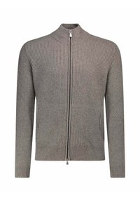 Pull gris en tricot avec col montant, fermeture éclair intégrale et texture côtelée. Il présente des manches longues et une coupe ajustée.