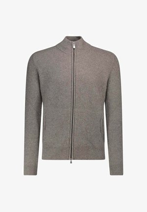 Pull gris en tricot avec col montant, fermeture éclair intégrale et texture côtelée. Il présente des manches longues et une coupe ajustée.