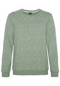 Sweat-shirt vert menthe avec un tissu texturé parsemé de petits points blancs, des poignets côtelés et un col rond.
