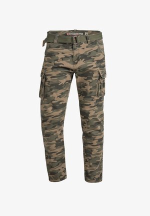 Pantalones cargo de camuflaje en tonalidades de verde y marrón. Fabricados con tejido resistente, presentan bolsillos laterales, presillas para el cinturón y patas ajustadas.