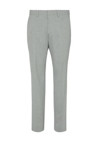 Hellgraue Hose aus einem strukturierten Stoff, ausgestattet mit einem geraden Bein, vier Gürtelschlaufen und einem Reißverschluss mit Knopfverschluss.