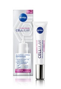 NIVEA Expert Filler Cellular eye and lip contour cream in a white tube with silver accents, packaged in a silver box with blue and pink text.