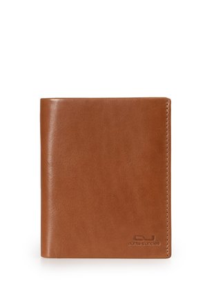 Portafoglio bifold in pelle marrone con cuciture discrete e logo aunts & uncles impresso nell'angolo in basso a destra.