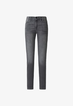 Dark grey, slim-fit jeans made of denim. Features a button closure, five pockets, and subtle fading along the legs. Classic design.