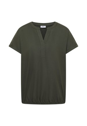 Korte mouwen olijfgroene blouse met een ronde gespleten halslijn, elastische zoom en opgerolde manchetten.