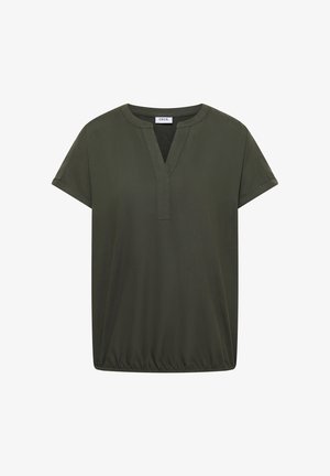 Korte mouwen olijfgroene blouse met een ronde gespleten halslijn, elastische zoom en opgerolde manchetten.