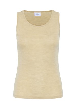 Canotta beige senza maniche con scollatura rotonda, realizzata in tessuto morbido, con un piccolo etichetta bianca con il nome del marchio "Saint Tropez" all'interno del colletto.