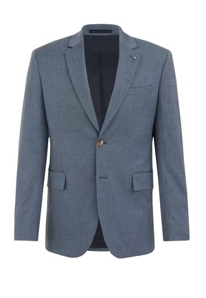 Blazer bleu clair en tissu texturé. Fermeture à un bouton, deux poches avant et revers cranté. Doublure intérieure en tissu foncé.