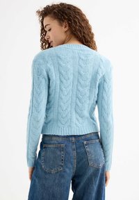 Cárdigan de punto trenzado azul claro con un patrón texturizado, dobladillo acanalado y mangas largas, llevado sobre unos vaqueros de tiro alto.