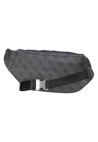 Sac en tissu gris avec un motif texturé, présentant une forme arrondie élégante et une bandoulière noire réglable avec une boucle en métal.