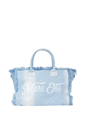 Borsa tote in denim blu chiaro con bordi sfrangiati e logo bianco "Marc Ellis" in scrittura sul davanti, con due manici arrotondati.