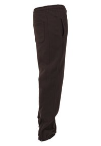 Pantaloni de trening negri cu talie elastică, buzunare laterale și mansete cu fermoar, având un material moale și texturat, precum și un design conic.