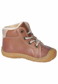Bottine enfant en cuir marron avec lacets beiges, doublure en fausse fourrure et semelle en caoutchouc sur fond blanc.