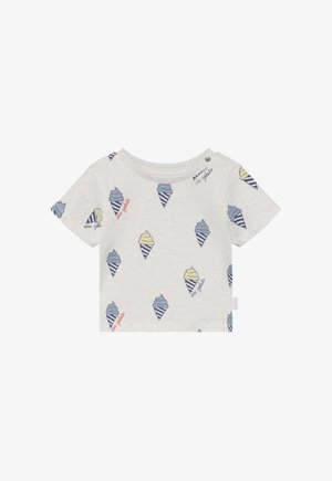 T-shirt in cotone grigio chiaro con maniche corte, caratterizzata da stampe colorate di coni gelato con accenti blu, gialli e rossi. Chiusura a pressione sulla spalla.