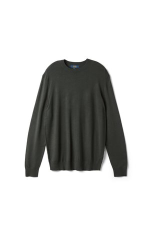 Schlichter dunkelgrauer Langarm-Pullover mit Rundhalsausschnitt, mit gerippten Bündchen und Saum, auf weißem Hintergrund präsentiert.