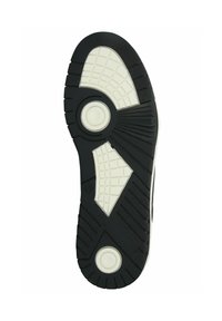 Podošva topánky s čiernym gumovým základom, bielymi akcentmi, textúrovanými gripovými vzormi, kruhovými výdolmi a charakteristickým dizajnom.