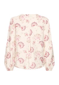 Long-sleeve blouse in lightweight fabric, featuring a cream background with pink floral patterns and gathered sleeves. Back with a yoke design.