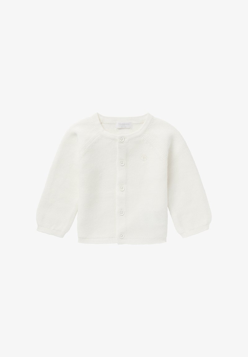 Biała dziergana kardigan z długimi rękawami, z okrągłym dekoltem, sześcioma guzikami z przodu i małym emblematem na lewej piersi.