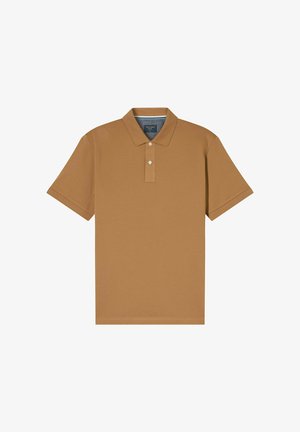 Polo à col, à manches courtes, de couleur marron uni. Fabriqué dans un tissu lisse, avec une patte de boutonnage à deux boutons et des détails de couture discrets.