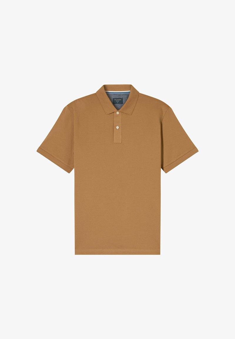 Korte mouwen, gekraagde polo in een effen bruine kleur. Gemaakt van een gladde stof, met een tweeknoops knoopsluiting en subtiele stiksels.