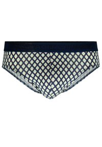 Marineblauwe slips met een geometrisch ontwerp met diamanten in lichtgroen en wit. Elastische tailleband met reliëf logo detail.