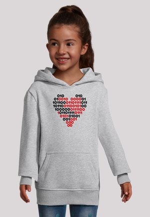 Grauer Kapuzenpullover mit einem großen Herzmotiv aus binären Zahlen in Schwarz und Rot. Verfügt über eine Kängurutasche und eine regulierbare Kapuze.