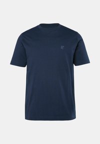 Marineblauw katoenen t-shirt met korte mouwen, minimalistisch ontwerp en klein logo op de borst. Zachte textuur en reguliere pasvorm.