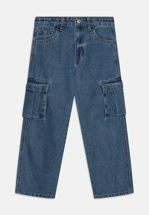 Blue denim cargo pants with a loose fit, featuring two large side pockets, front pockets, and a zipper fly with a button closure.