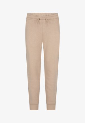 Pantalons de survêtement beiges avec une taille élastique à cordon, texture douce, jambes fuselées et poignets côtelés. Design simple, adapté pour le port décontracté.
