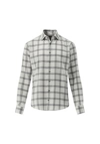 Camicia a maniche lunghe in motivo plaid grigio e bianco, realizzata in tessuto leggero, con chiusura frontale a bottoni e colletto standard.