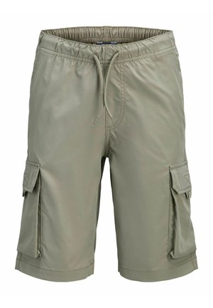 Pánske svetlo olivové cargo šortky s elastickým pásom, sťahovacou šnúrkou a klopovými vreckami na oboch stehnách.