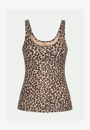 Braun-schwarz gemustertes ärmelloses Tanktop mit Leopardenmuster, Rundhalsausschnitt und figurbetonter Silhouette.