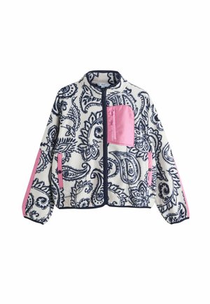 Full-zip fleece jacket with navy paisley pattern on white, featuring a pink zippered chest pocket and pink accents on sleeves and side pockets.